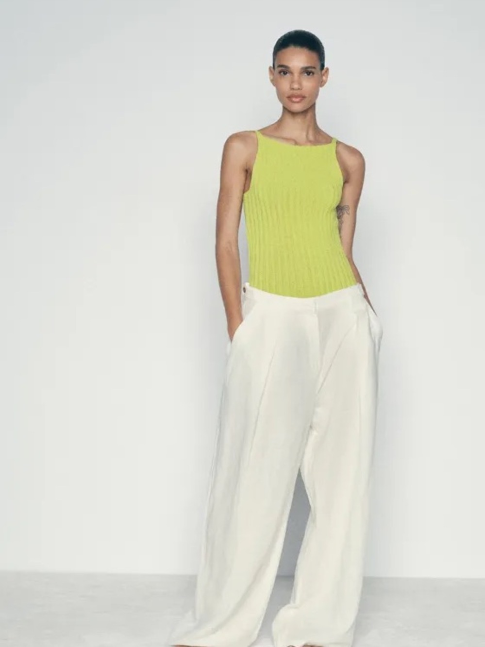 Zara Loose-weave High-neck Knit Tank Top in Bright Green Size Medium